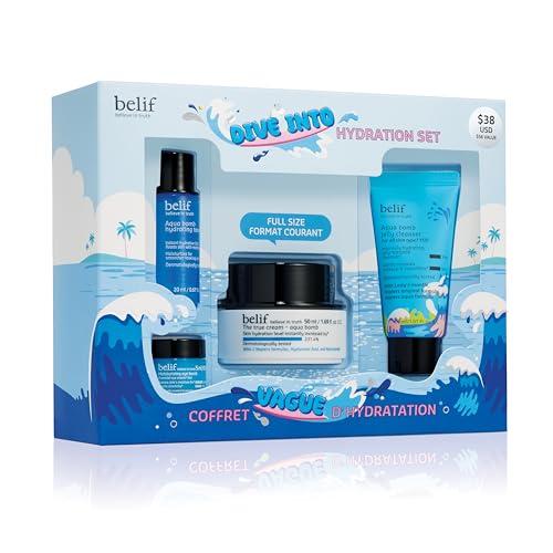 belif Aqua Bomb Dive Into Hydration Set | Korean Skin Care | Korean Moisturizer | Makeup Remover | Korean Toner | Eye Cream | Value Set | Gift Set | Aqua Bomb, Cleansing Balm, Hydrating Toner,Eye Bomb