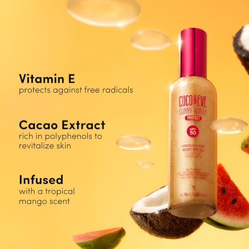 Coco & Eve Body Highlighter SPF 50 ? Shimmer Sunscreen, Broad Spectrum Sun Protection, Lightweight Serum-Like Lotion with Pearlescent Minerals & Vitamin E for Hydrated & Glowing Skin, 5.07 Fl Oz