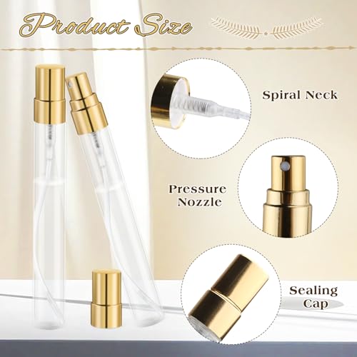 30 Pcs 10ml/0.34oz Mini Spray Bottle Glass Fine Mist Perfume Atomizer Empty Sample Containers with Golden Lids for Travel Cleaning Essential Oils (Pack of 2)