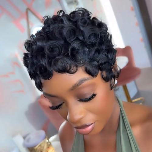 Pixie Cut Wig Human Hair Glueless With Bangs Natural Black