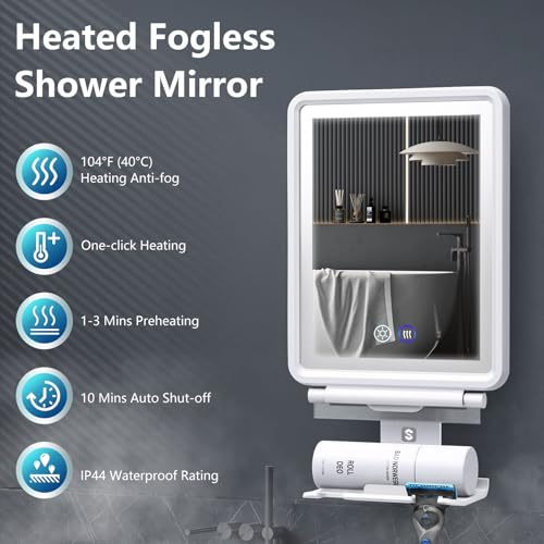 Heated Fogless Shower Mirror with 3-Color Dimmable Light