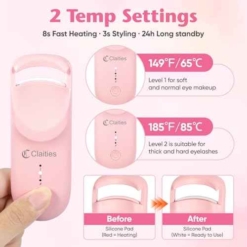 Heated Eyelash Curler - 10s Heat, 3s Curl, Mini Burn-Proof Design with Heat Sensitive Silicone Pad, 24H Hold to Style Natural Eyelashes Dual-Temp Control & Type-C Recharge