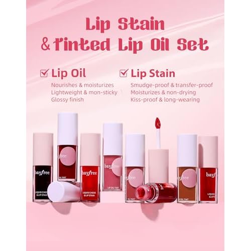 bayfree Tinted Lip Oil & Lip Stain Set, Waterproof & Long-Wearing Korean Makeup, High-Shine & Moisturizing 2-in-1 Cheek and Lip Tint Stain, Lightweight & Non-Sticky for Dry Lips, Cruelty-Free & Vegan