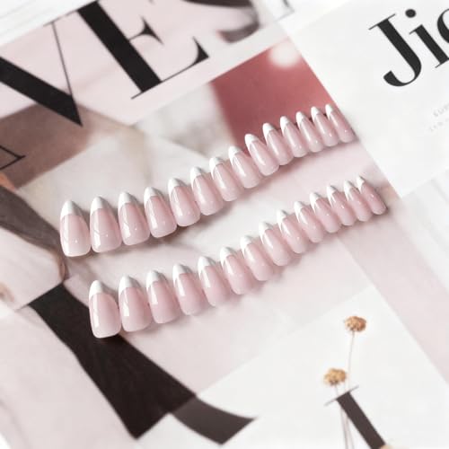 SXVME Almond White French Tip Press On Nails Short Classic Manicure Kit with Glue