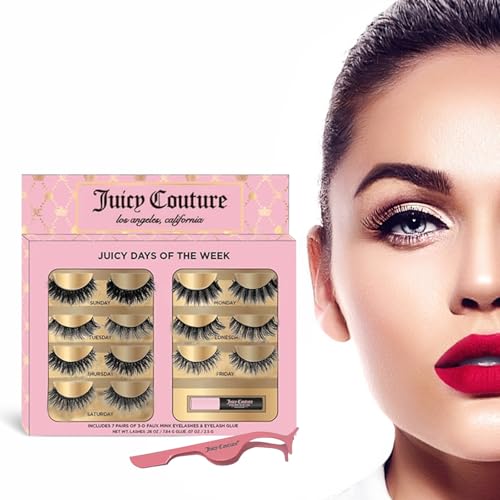 Juicy Couture 3D Faux Mink False Eyelashes - 14 Pairs with Applicator & Eyelash Glue, Wispy Natural Look, New Silky, Dramatic, Charming, Sassy & Extra Styles, Easy to Apply, Cruelty-Free & Reusable