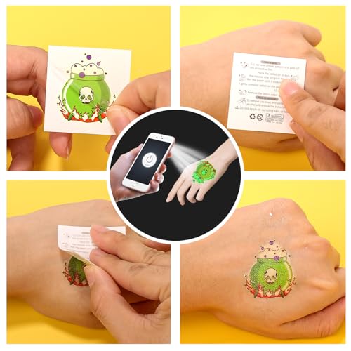 Glow Halloween Tattoos, 200 PCS Individually Wrapped Glow in the Dark Temporary Tattoos, Luminous Halloween Stickers Party Decorations, Halloween Party Favors Supplies Goodie Bag Fillers