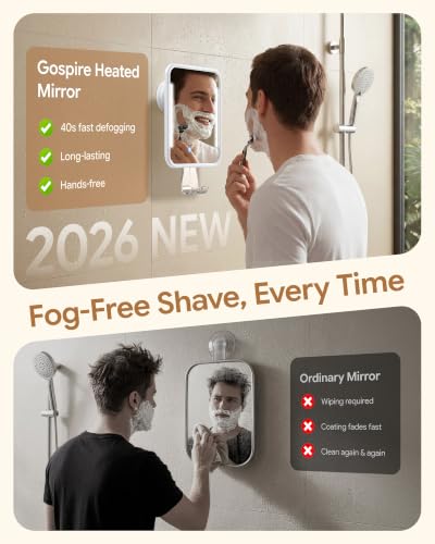 Gospire Heated Shower Mirror with Light, Fogless Anti-Fog 5000mAh