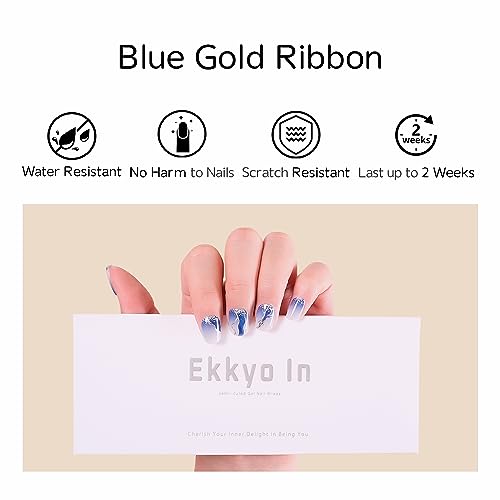 Ekkyo In Semi Cured Gel Nail Strips, Easy to Apply & Remove Gel Nail Wraps, Long Lasting, Get Salon-Quality Nail Art at Home, Includes 20 Pcs Nail Stickers, Prep Pads, Nail File, Wooden Stick, Blue Gold Ribbon