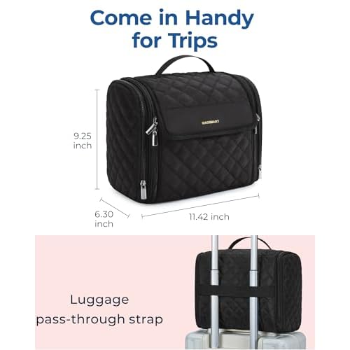 BAGSMART Hanging Travel Toiletry Bag, Large Capacity Water-resistant Cosmetic Organizer with Handle for Brushes Accessories, Black