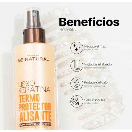 Be Natural Lisso Keratina Heat Protectant Spray for Hair Smoothing, Sulfate-Free, 8.45 fl oz. Termoprotector alisante