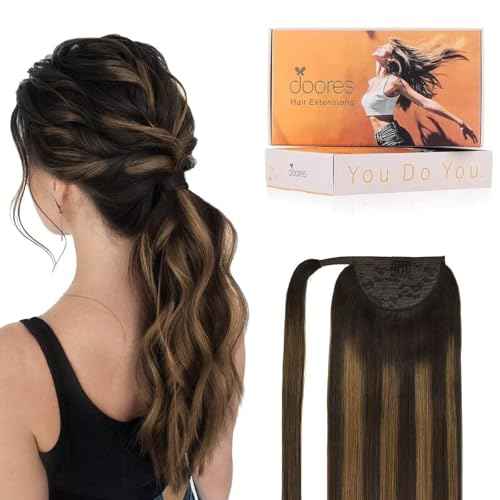DOORES Human Hair Ponytail Extension Balayage Dark Brown to Chestnut Brown 14 Inch 75g Clip in Hair Extensions Real Human Hair Ponytail Hair Piece Straight Invisible Magic Paste Heat Resistant