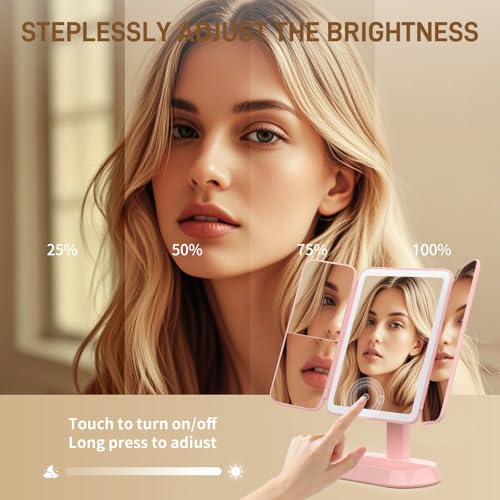 FRANO Pink Rechargeable Trifold Makeup Mirror with Lights, 1X/3X/5X Magnification, Portable Vanity with Dimmable LED for Travel & Desk