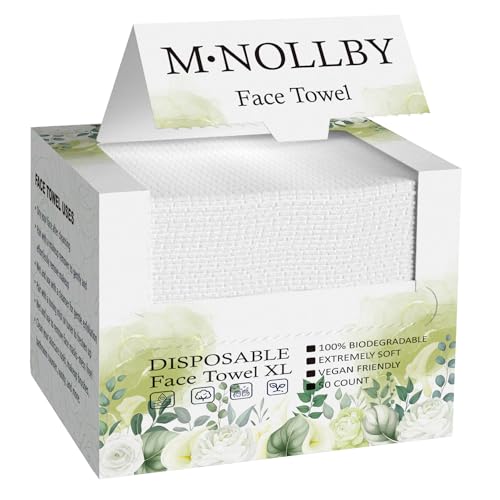 M¡¤NOLLBY Disposable Face Towel Makeup Remover, Biodegradable Clean Large 11 * 12inches XL Extra Soft Thick Washcloths Facial Towels, Bathroom Essentials, Sensitive Skin Care 50Count