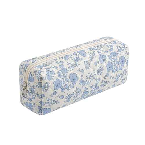 Cute Floral Makeup Brush Bag Small Cotton Quilted Cosmetic Bag for Women Travel Toiletry Zipper Make Up Pouch (Blue Floral)