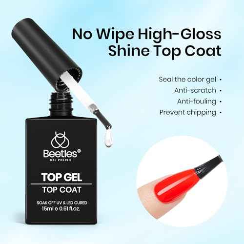 Beetles Top Coat Gel Nail Polish, 2Pcs 15ml No Wipe Gel Top Coat High Gloss Shiny Long-Lasting Clear Nail Polish Soak Off Nail Lamp Needed Home DIY Manicure Gifts for Women