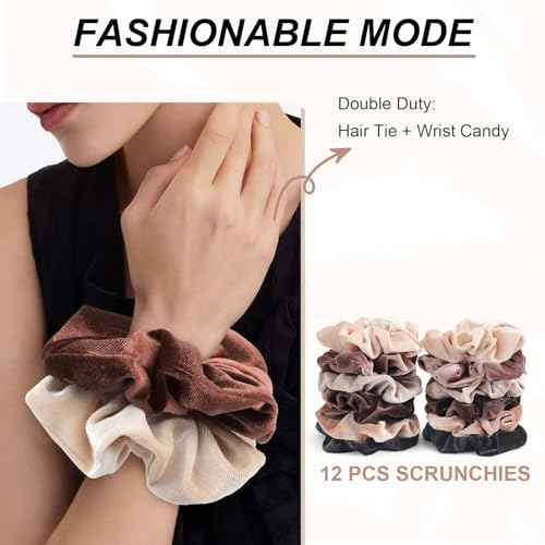 Scrunchies for Women, 12 Pcs Neutral Brown Tones Velvet Scrunchies - Classic Thick Elastic Hair Ties for a Soft Ponytail
