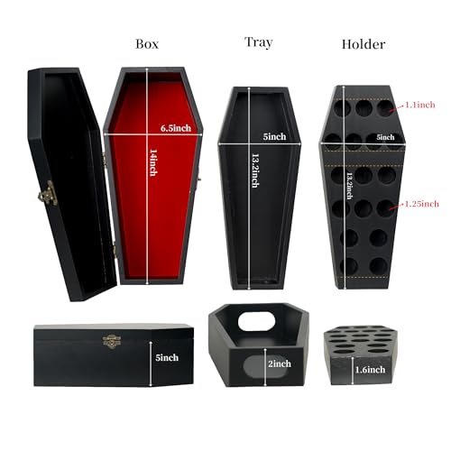 Gothic Coffin Storage Box Set 3 Pack - Spooky Dark Aesthetic Vanity Organizer, Wooden Makeup Jewelry Kit with Tray, Lipstick Holder & Jewelry Box