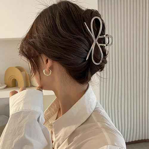 1Pcs Metal Silver Bow Hair Claw Clips - Large Fashion Hair Accessories for Women Girls, Strong Hold Alloy Elegant Jaw Grip Clips for Thin or Thick Hair Styling