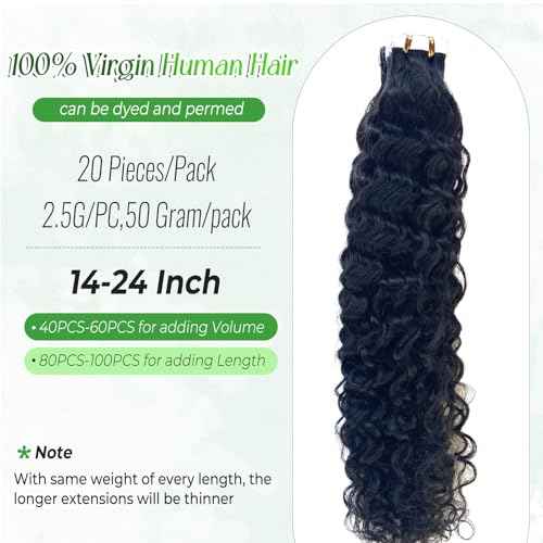 Water Wave Tape in Hair Extensions Human Hair, Natural Black Hair Extensions Real Remy Human Hair Tape ins for Black Women, 20 Inch 50g/pack 20pcs Double Sided Invisible Tape Hair Extension