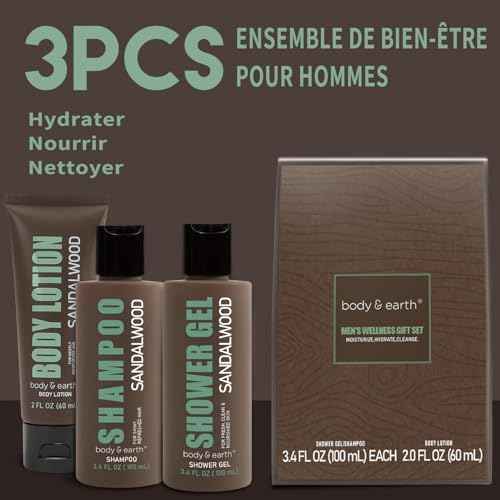BODY & EARTH Men Gift Sets - 3PC Mens Gift Baskets Includes Sandalwood Shower Gel, Body Lotion, Shampoo, Mens Gift Basket as Birthday and Christmas Gifts for Men, Boyfriends and husbands