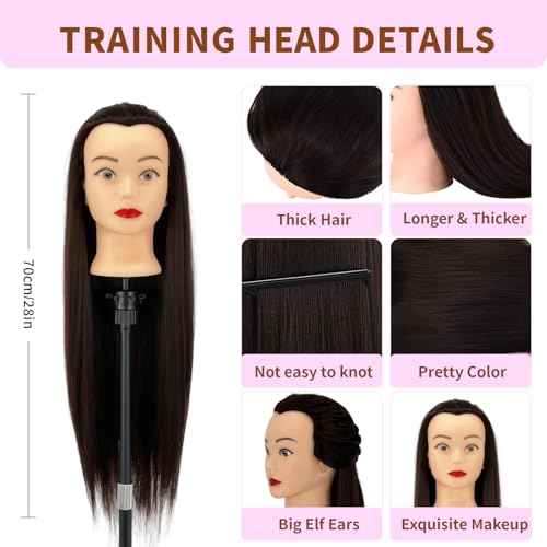 28" Cosmetology Mannequin Head With Hair£¬Doll Head For Hair Styling£¬Training Head For Braiding Cutting & Styling Practice £¬Includes Free Wig Stand & Hair Tools Set (Drak brown)