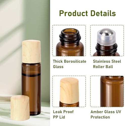 Amber Glass Roll On Bottles 5ml, 8 Pack Essential Oil Roller