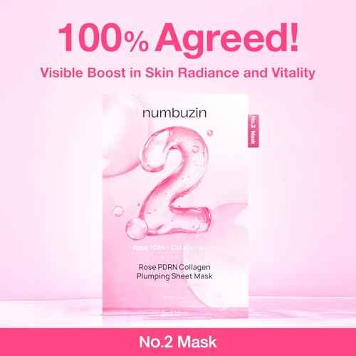 numbuzin No.2 Sheet Mask | Rose PDRN Collagen Plumping Sheet Mask | Korean Mask for face | Brightening, Hydrating, Firming and Moisturizing | Collagen, Peptides, PDRN | 4ea