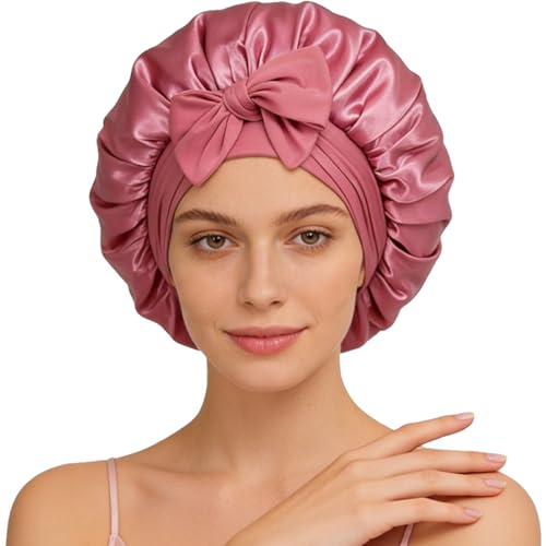 Silk Satin Bonnet for Women with Elastic Tie - Large Sleep Cap for Curly Hair - Bean Paste Variation