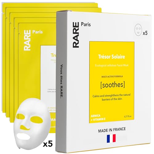 RARE Paris - Tr?sor Solaire - Soothing Facial Sheet Mask - Soothing & Strengthening - With Vitamin E & Arnica - Brightening, Firming & Revitalizing - Multi-Active Serum Formula - 5 Pack