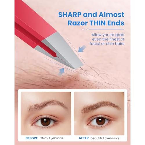 Expert Eyebrow Hair Removal Tweezer with Leather Case, GlamTweeler High Precision Slant Tip Stainless Steel Tweezers for Men and Women (Hot Pink)