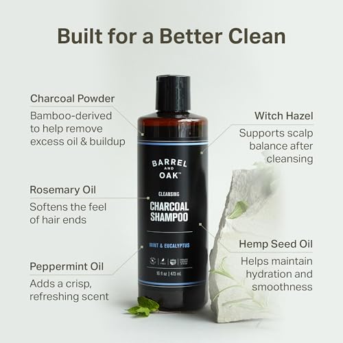 Barrel & Oak Mint & Eucalyptus Body Care Set, Charcoal Face Wash, Shampoo and Conditioner Set for Men, Cleansing Grooming Kit, Vegan Gifts for Men, 3-Pack
