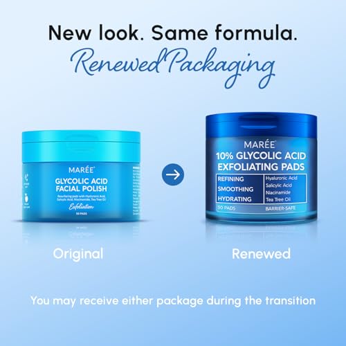 MAREE Glycolic Acid Resurfacing Pads - Toner Pads for Face Cleansing - Exfoliating Pads with Tea Tree Oil, Salicylic Acid & Vitamins E, B3, B5 - Facial Peel for Pore Resurfacing & Radiance - 50 Count