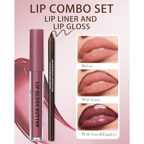 3Pcs Hydrating Lip Gloss with Brown Lip Liner Combo Set,Plumping Lip Liner Moisturizing Nude Tinted Lips Glow Oil,Lightweight Non Sticky Liquid Lipstick Women Lipstain Makeup Long Lasting Lipgloss-12