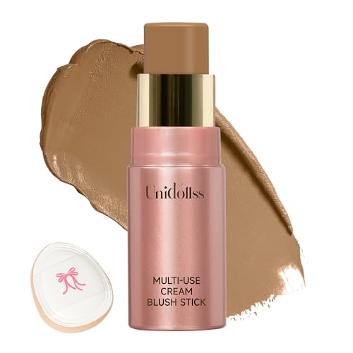 Multi-Use Makeup Cream Blush Stick, Unidollss 3-in-1 Buildable Contour Bronzer Blush Stick, Hydrating formula, All day wear, Easy Application with Thumb Puff Included (05 SUNSHINE)