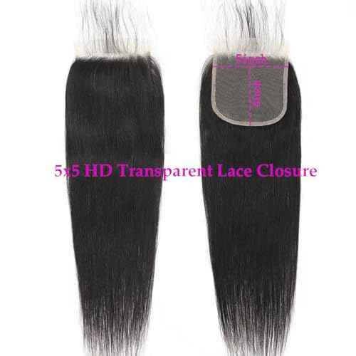 5x5 HD Transparent Straight Human Hair Lace Closure Skinlike 16inch Virgin Invisible Brazilian 5x5 Straight Human Hair Closure 100% Real Human Hair Free Part Closure Pre Plucked Natural Black Glueless