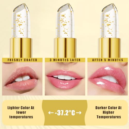 Transferproof Color Changing Lipstick, Gold Crystal pH Color-Changing Lipstick 24 Hours Long Lasting & Moisturizing Lip Gloss for Lip Balm, Clear Lip stick for Women, Birthday Galentines Day Gifts