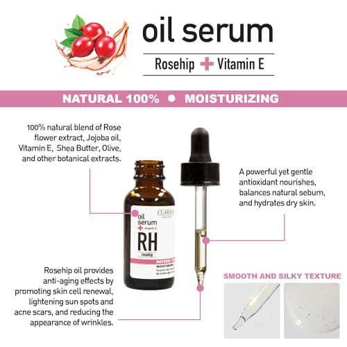 CLARA'S NEW YORK Natural Glowing Facial Serum Duo (Natural 100% Rosehip Oil serum 30ml & Natural 94% Vitamin C Face Serum 30ml) with Niacinamide and Hyaluronic Acid, Vitamin E Made in USA