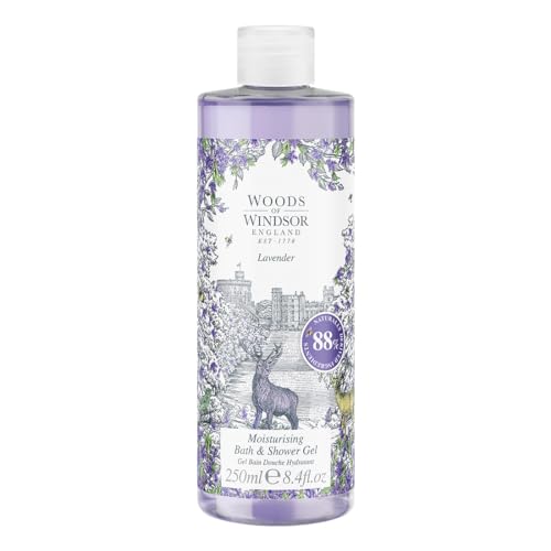 Woods of Windsor Lavender Bath and Shower Gel, Womens Shower Gel with Patchouli Musk and Chamomile, Gentle Cleansing and Moisturizing Body Wash with Vitamin E, Lavender 250ml