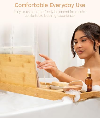 Expandable Bamboo Bathtub Tray Caddy with Wine Glass Holder