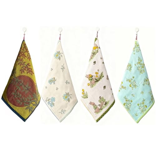 100% Cotton Face Towels Reusable Hand Towels for Bathroom Set with Hanging Loops Quick Dry Turkish Hand Towels Set Double-Faced Jacquard 4ply Cotton Gauze,4PC,13.4"x15.7"