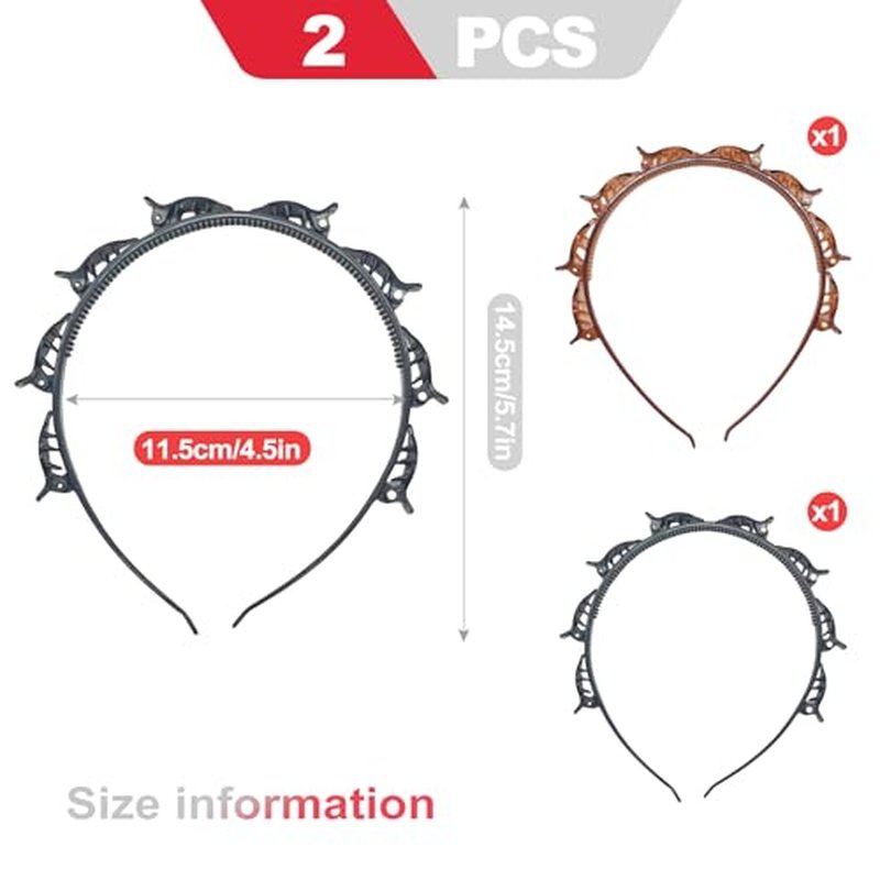 2 Pack Non-Slip Braided Headband with Clips for Bangs - Black & Brown