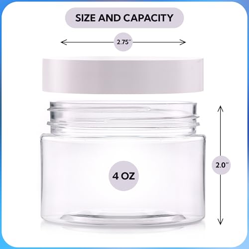 Plastic Jars with Lids - 4 OZ Small Plastic Containers - 24 Pack - Travel Cosmetic Containers for Creams - Leak Proof Clear Jar with White Lids