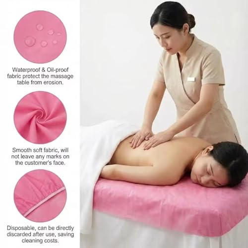 50PCS Disposable Fitted Massage Table Sheets with Elastic, Heavy Duty Elastic Disposable Bed Cover, Breathable Pink Sheets for Spa Massage Beauty Tattoos Non Woven Fabric 36 x 85 In