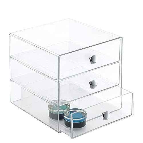 Makeup Drawer Organizer Box with 3 Drawers, Acrylic Cosmetic Display Case Vanity Organizer Jewelry Storage Box Stackable Storage for Cosmetics, Skin Care, Bathroom, Countertop, Silver Handle