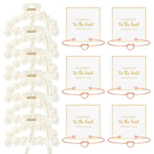 DEEKA 12 Pcs Bridesmaid Proposal Gifts, Pearl Hair Claw Clips & Bridesmaid Knot Bracelet Bachelorette Party Wedding Favors Bridal Party Present Hair Accessories for Women(Rose Gold Bracelets)
