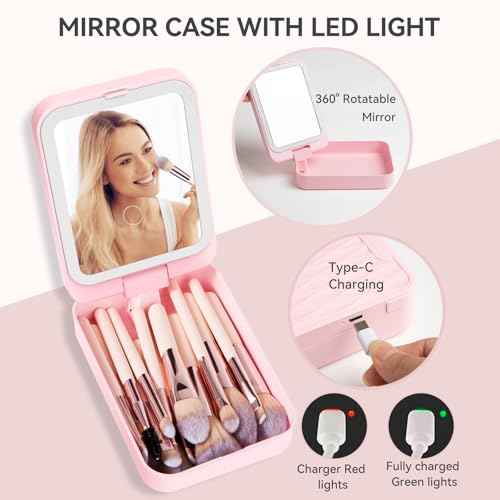 Trendy Teen Girl Gifts ? Travel Makeup Brush Set with LED Light Mirror, Perfect Tween Birthday Gifts for Girls 11-16+ year old(Pink)