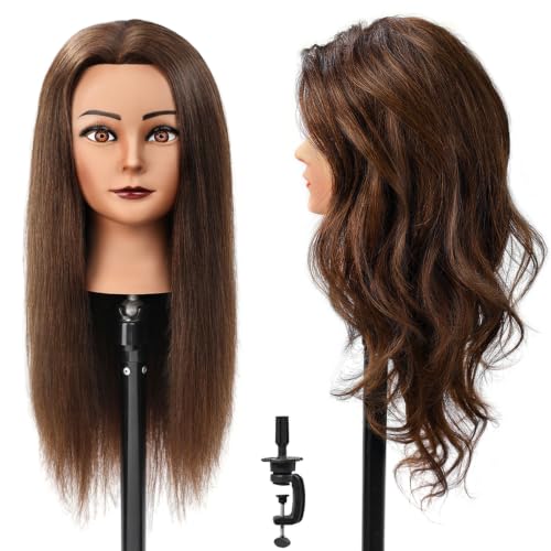 POLRISLY Dark Brown Human Hair Mannequin Head for Hairdressing 20-22 inches