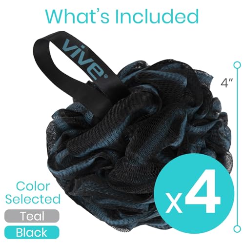 Vive Loofah Sponge Replacement (4 Pk) Shower & Bath Pouf Scrubber for Back & Body Exfoliation, Works with Vive Interchangeable Loofa Handle Long Brush (Replacement Sponge Black and Blue (4 Pack), 4)