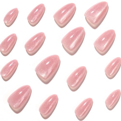 Stbisen Pink Pearl Glow Short Almond Press On Nails - Model 93, Reusable, Glossy Chrome Shimmer, Wedding & Daily Wear, 24pcs