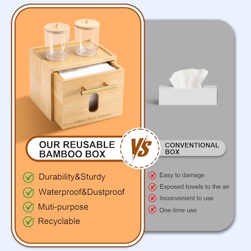 Disposable Face Towel Holder Bamboo Storage Box with 60 XL Towels, Cotton Balls Holders, Facial Towels Container Box with Drawer, Towel XL Organizer for Bathroom, Makeup Remover Dry Wipes Washcloths